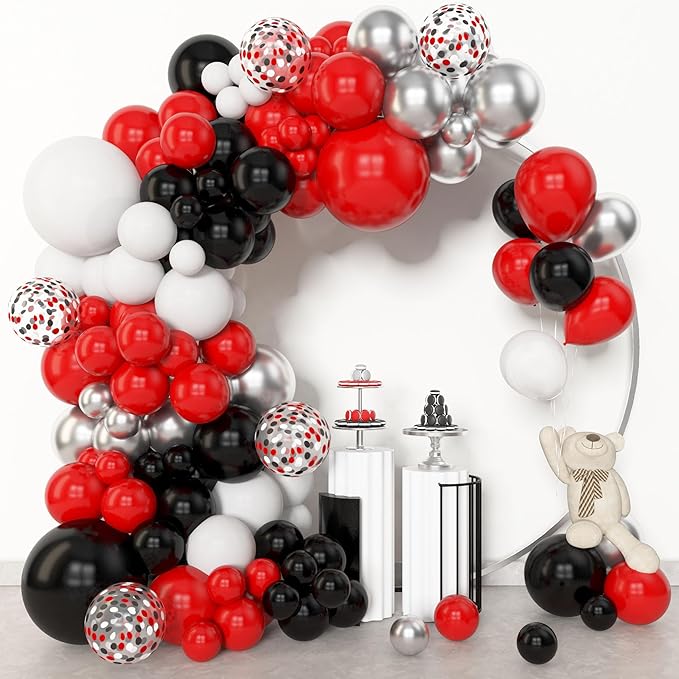 Amandir 153pcs Red Black and White Balloon Arch Garland Kit Different Sizes 18 12 10 5inch Silver Latex Metallic Confetti Graduation Balloons for Birthday Wedding Movie Night Casino Party Supplies