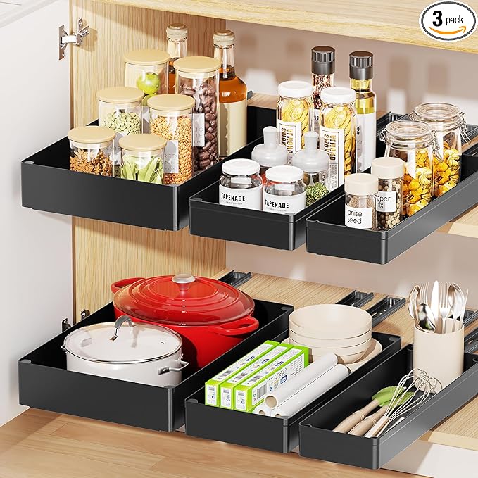 Delamu 3 Pack Pull Out Cabinet Organizer, 15.7" Deep Pull Out Drawers for Cabinets, Slide Out Drawers for Kitchen Cabinets, Bathroom Cabinet Organizer, Pantry (Black)