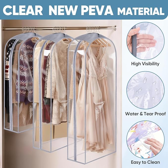 BALEINE 60'' Clear Garment Bags, 10.5'' Wide PEVA Suit Bag for Closet Clothes Dresses Suit Coats Storage (Clear, 9PK)