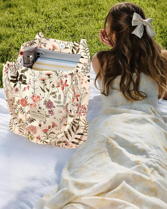Miss Adola Corduroy Tote Bag for Women - Reusable Totes with Pocket & Buckle Cute Aesthetic Shoulder Bag for Work Travel