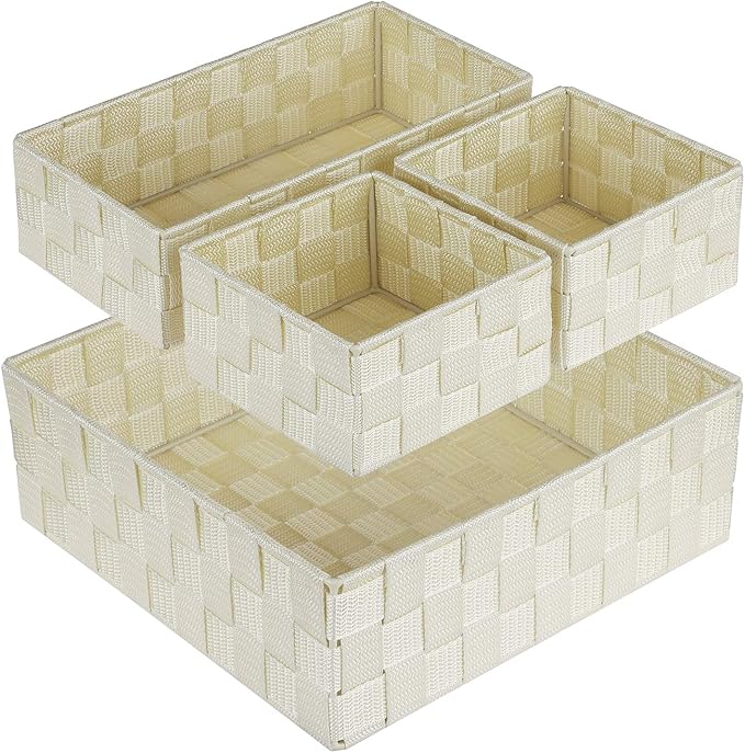 Posprica Woven Storage Baskets for Organizing, Small Black Baskets Cube Bin Container Tote Organizer Divider for Drawer, Closet, Shelf, Dresser, Set of 4 (Beige)