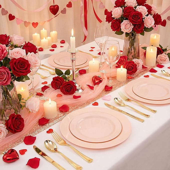 FLOWERCAT 60PCS Pink Plastic Plates - Heavy Duty Pink Disposable Plates for Easter Party & Valentine's Day/Wedding - Serving 30 Guests, Includes 30PCS 10.25inch & 30PCS 7.5inch