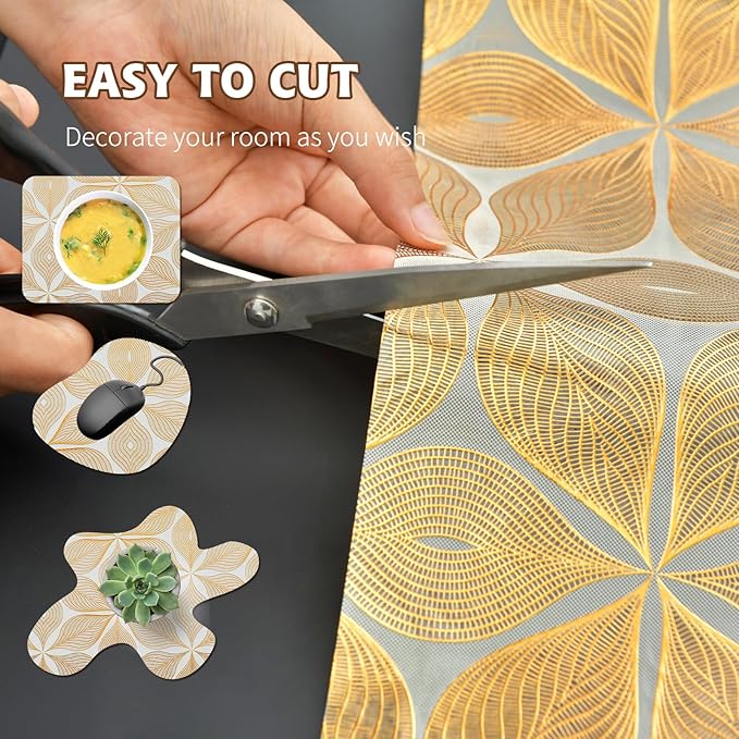 Drawer and Shelf Liner for Kitchen Cabinet,Non-Adhesive Waterproof Drawer Liner for Dresser & Bathroom Vanities with Adhesive Dots & Cutting Tool(12 in X 30 Ft Gold Leaf Pattern)