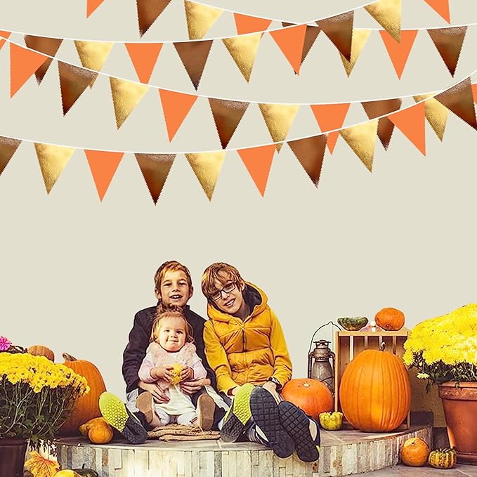 Fall Party Decorations Orange Gold Brown Metallic Fabric Triangle Pennant Banner Flag Bunting Garland for Autumn Fall Thanksgiving Wedding Birthday Bridal Shower Engagement Graduation Party Supplies