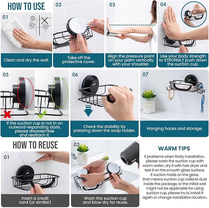 TAILI Soap Bar Holder Dish with Hooks, Shower Soap Tray Saver Suction Cup with Razor Holder for Wall, Rustproof Stainless Steel Bath Shampoo Caddy for Bathroom Accessories Organizer, Sink, Black