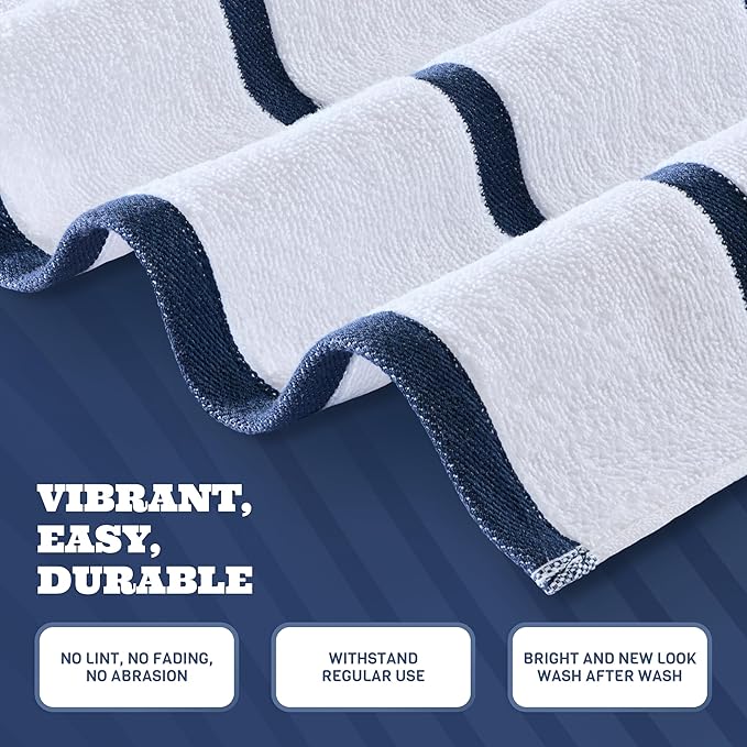 White Classic Cotton Pool Towels Oversized 30 x 60 Inches, Ultra Absorbent and Low Lint Striped Beach Towels for Adults, Stripes Design Luxury Extra Large Bath Towels, Navy Blue, 4 Pack