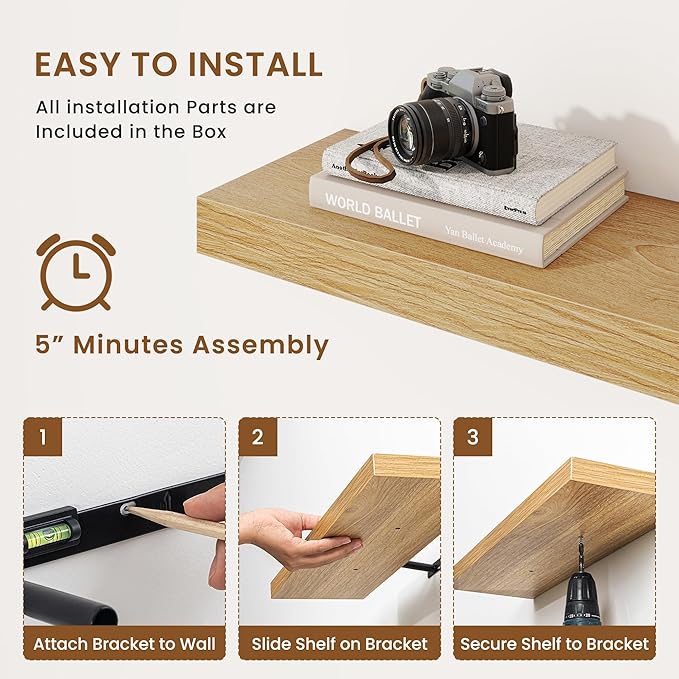 fuqing Floating Shelves for Wall, Wall Mounted Wood Floating Shelf with Invisible Brackets for Living Room, Bathroom, Bedroom, Kitchen Storage and Decor, 36 Inch Set of 2, Oak