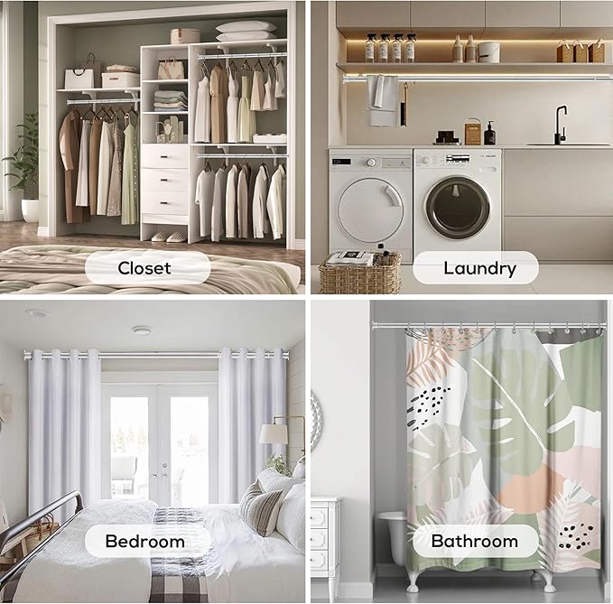 1.3 Inch Diameter Closet Rods for Hanging Clothes, 17-75 Inch Adjustable, Metal Heavy Duty Closet Pole, Silver Closet Bar for Hanging Clothes, Suitable for Closets, Wardrobes, Bathrooms, Windows