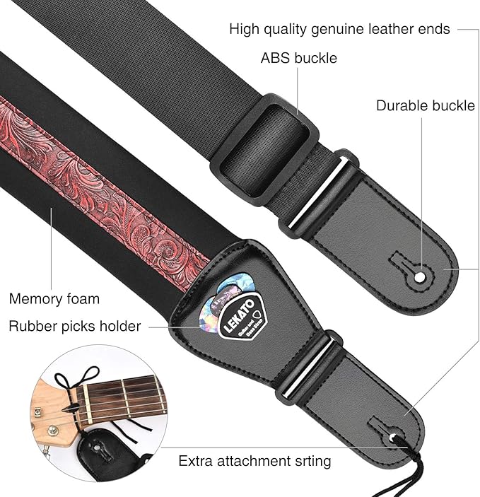 LEKATO Bass Guitar Strap - 3" Wide, Padded, Adjustable 45" to 55", With Pick Holder & 2 Safety Strap Locks
