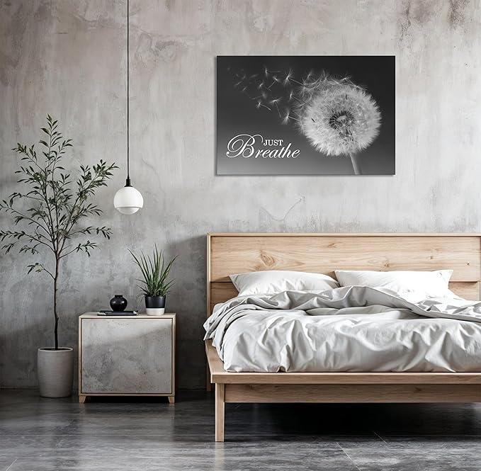 SKASNFAI Just Breathe Wall Art Zen Office Wall Decor Inspirational Yoga Quotes Positive Relax Artwork Picture Black and White Dandelion Posters Print for Meditation Room (16L x 24W)
