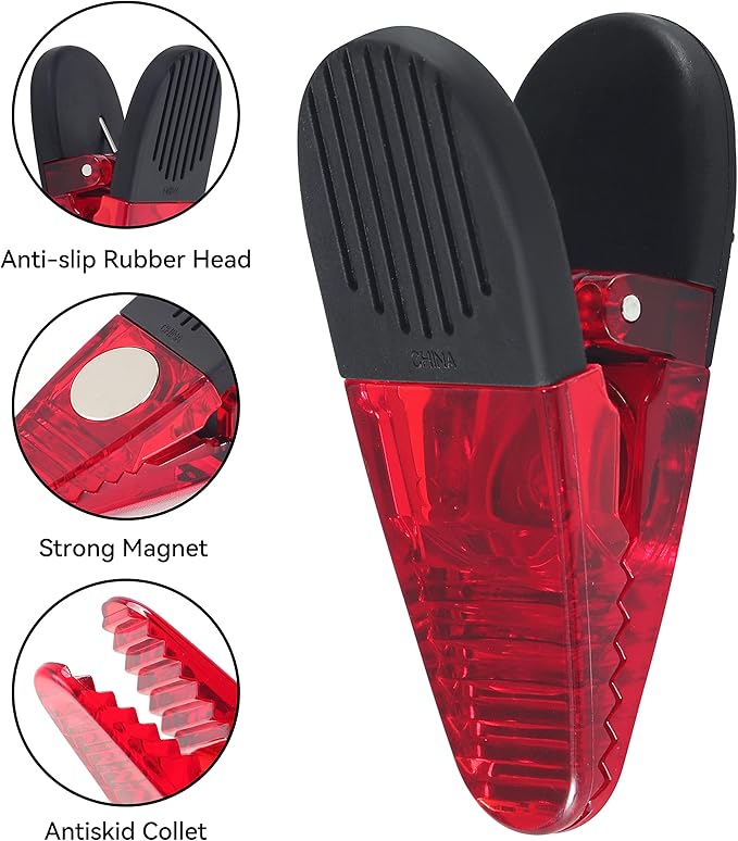 3-1/4" Length Plastic Refrigerator Magnet Clips Sets，Magnet Paper Clips, Snacks Bag Clips，Multipurpose Clips - Set of 6 (Red)
