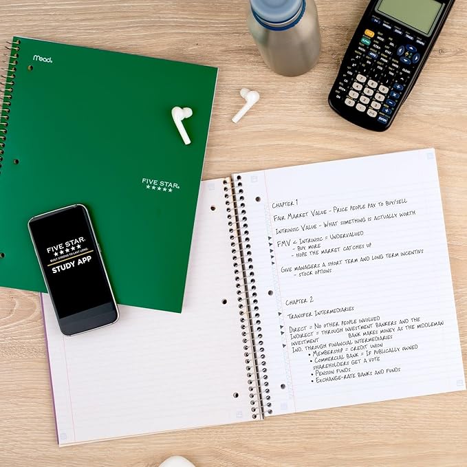 Five Star Spiral Notebook + Study App, 5 Subject, College Ruled Paper, 8-1/2" x 11", 200 Sheets, Fights Ink Bleed, Water Resistant Cover, Forest Green (72079) (Pack of 6)