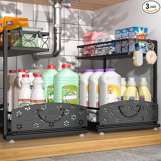 3 Pack Under Sink Organizers, 2-Tier Multi-Use Kitchen and Bathroom Organizers and Storage with Sliding Drawers, Bathroom Cabinet Organizer (Metal, 2 Pack)