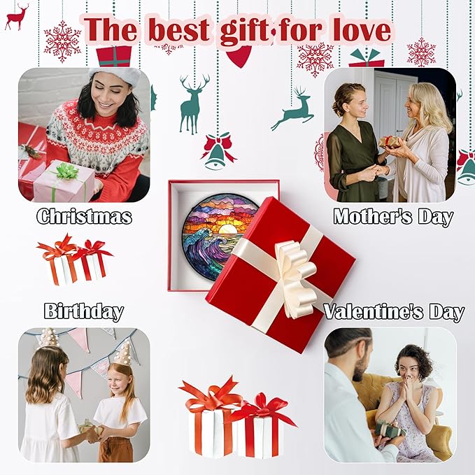 Stained Glass Window Hanging, Clouds and Sea Waves Suncatcher Diamond Glass Panel Hangings Scenery Sun Catchers Decor for Birthday for Women, Men, Wife, Aunt, and Mom 14.9 in