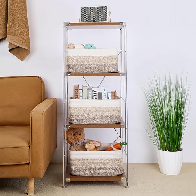 MiniArk Large Storage Baskets for Organizing, Closet Shelf Baskets for Clothes Blanket Towels, Baby Nursery, Toy Bins Box, Woven Rope Basket, 17 x 13 x 7.5”, 3 Packs Gradient Brown