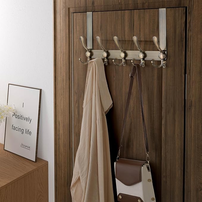 Dseap Over Door Hook 2.0 - Upgraded Version - Simple-Assembly, Strong, Heavy-Duty Stainless Steel 5-Tri-Hook Over The Door Hanger Rack, SimpleStrong Series, Bronze