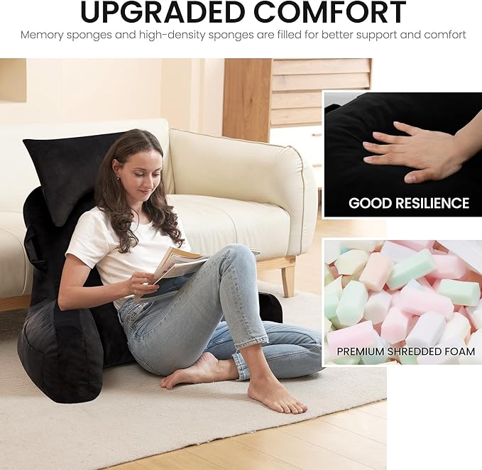 Portable Reading Pillows with Headrest for Bed Sitting Up(Black Oeko-Tex), Velvet Back Pillow with Arms & Pockets for Adults, Support Memory Foam Bed Pillow for Dorm/Reading/Watching/Gaming