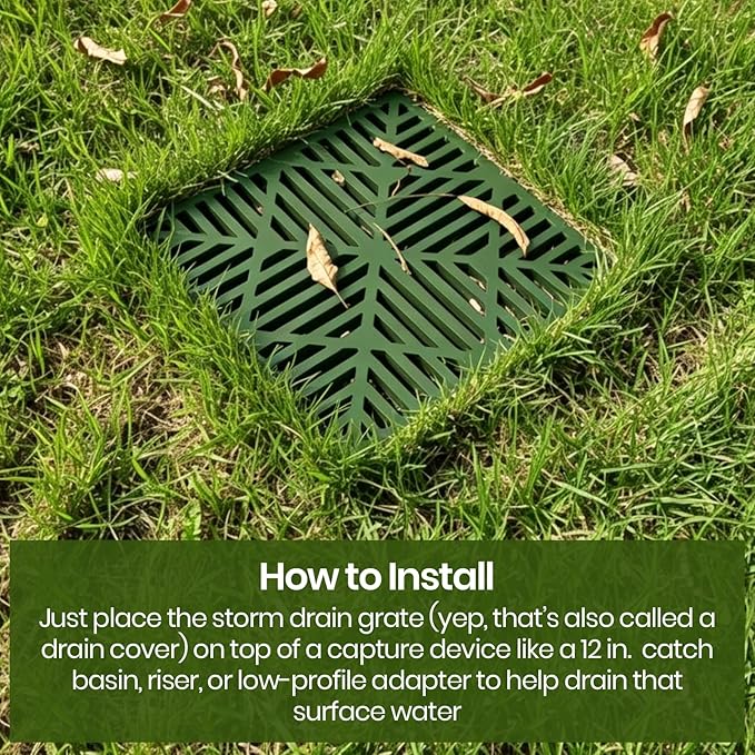Calvana 2 Pack 12 Inch Catch Basin Drain Grate, Fiberglass Reinforced Polyethylene Square Drain Cover for Yard Patio Driveway Drainage, Green