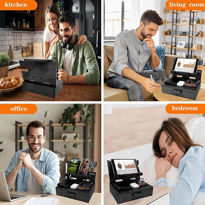 Gifts for Him Husband Boyfriend Son Men Nightstand Organizer Wood Phone Docking Station Birthday Gifts (Black)