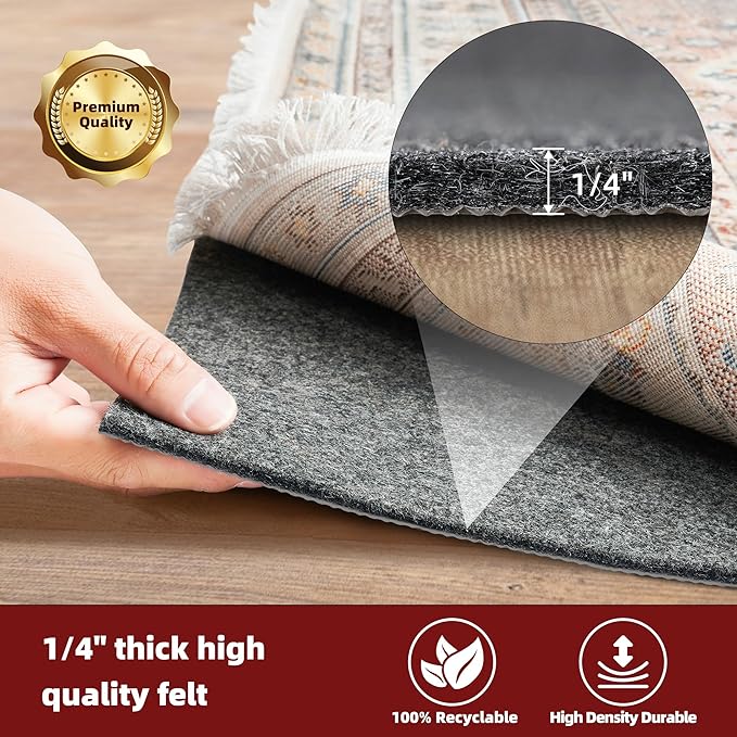BAGAIL Felt and Natural Rubber Backing Rug Pads 1/4” Thick, 2 x 4 Ft Non Slip Carpet Gripper Keep Rugs in Place, Under Area Rug Protective Cushioned Pads, Carpet Runners, Hardwood Floors Protection