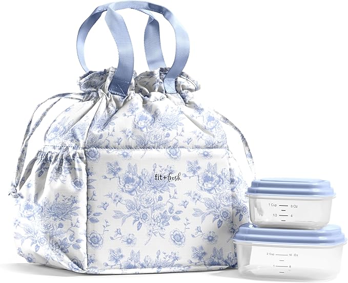 Fit & Fresh Cromwell Drawstring Lunch Bag for Women, Complete Lunch Set with 2 Containers, Stain-Resistant, Leak-Resistant, Back to School Essential, Teacher Lunchbox, Cornflower Floral Toile