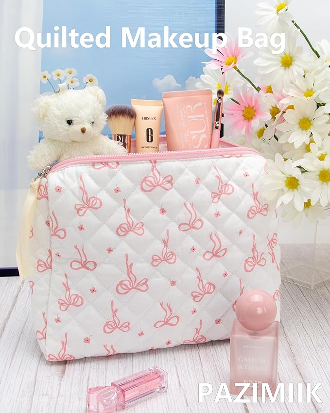 Quilted Makeup Bag Large Travel Zipper Soft Cosmetic Pouch for Women Girls Make Up, Bow Pink
