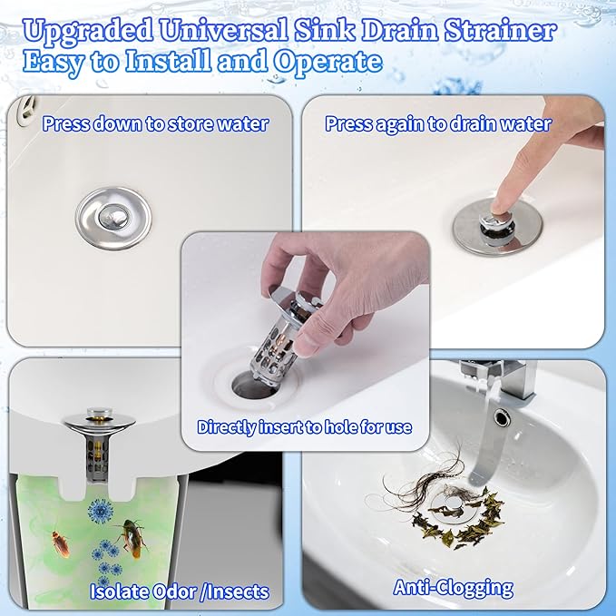 3 in 1 Bathroom Sink Drain Strainer,Universal Pop Up Bathroom Sink Stopper Hair Catcher,with Filter Basket Sealing Ring for Anti-Clogging Odor-Proof,Easy Install Drain Catcher for 1.06”~1.61” Hole
