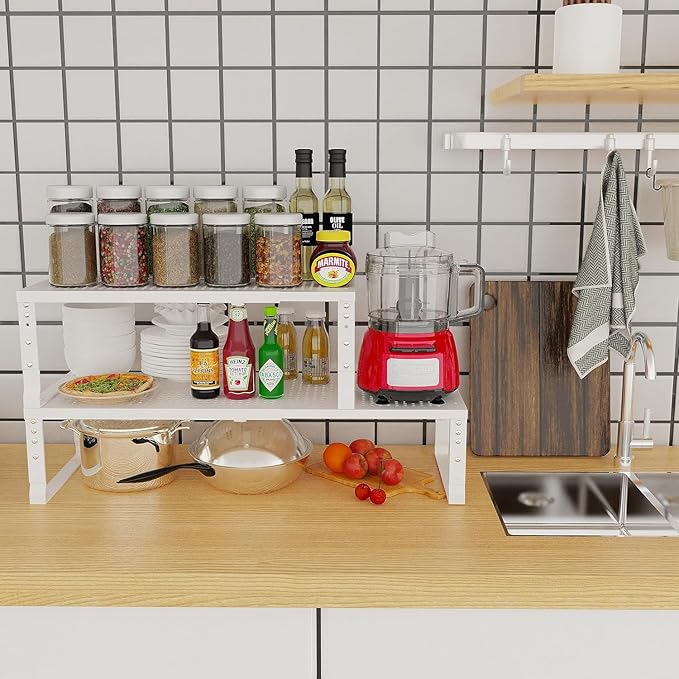 Expandable Cabinet Shelf Organizer Storage Spice Rack Shelves for Kitchen Stackable Adjustable Pantry Cupboard Bathroom Countertop Desktop(1Pack/White/Medium-with Hole)