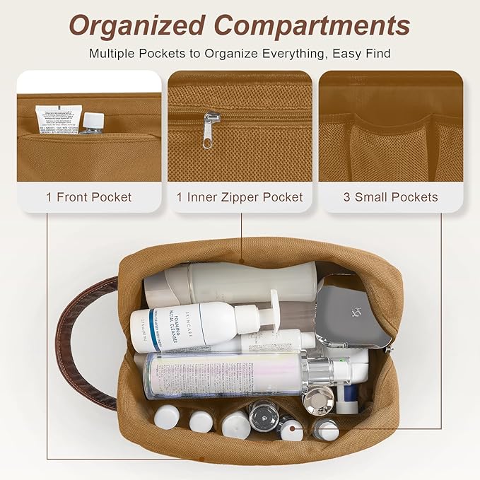 Ezday Travel Toiletry Bag for Men, Hanging Toiletry Organizer, Water Resistant Shaving Kit with Large Capacity for Travel Accessories (Brown, Medium)