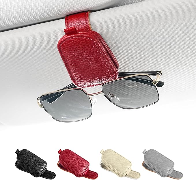 SINGARO Sunglasses Holder for Car, Leather Magnetic Buckle Sun Visor Sunglass Clip, Ticket Card Storage Glasses Clip, Car Interior Accessories for Men and Women (Red)