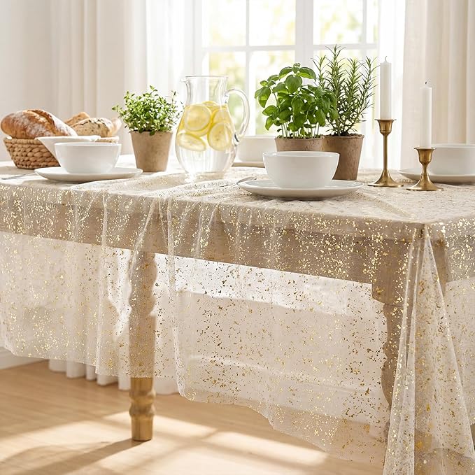 Horaldaily Apricot Gauze Tablecloth 52x70 Inch Rectangular, Golden Sequin Glitter Metallic Foil, Sheer Tulle Cheesecloth for Wedding Baby Shower Ceremony Birthday