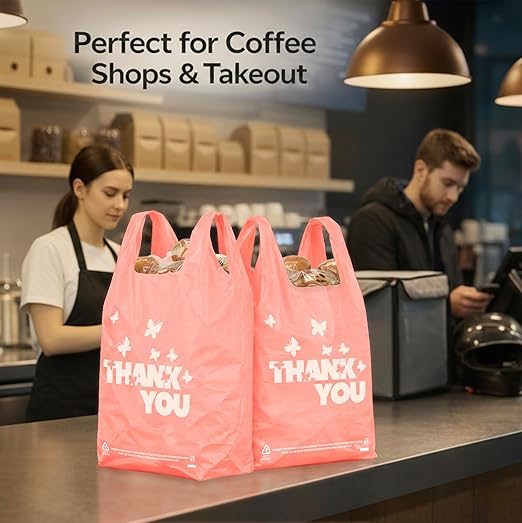 PINK Thank You Bags, 200PCS T-Shirt Bags, To Go Bags, Grocery Bags, Reusable and Disposable, Perfect for Small Business, Take Out, Retail, 11 inch x 6 inch x 21 inch (200), Large