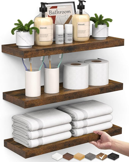 BAYKA Floating Shelves Bathroom for Wall – Shelf Over Toilet Farmhouse Rustic Wood for Bedroom, Kitchen, or Living Room Decor Organization Display Shelving – Rustic Brown, Set of 3