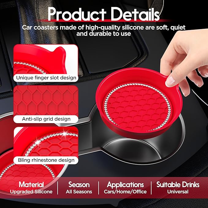 Amooca Car Cup Coaster Universal Non-Slip Cup Holders Bling Crystal Rhinestone Car Interior Accessories 4 Pack Red