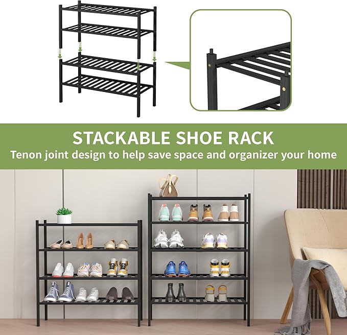 ROMGUAR CRAFT 4 Tier Bamboo Shoe Rack for Closet, Free-Standing Wood Shoe Shelf for Entryway Small Space, Stackable, 27"x11"x26" (Black)