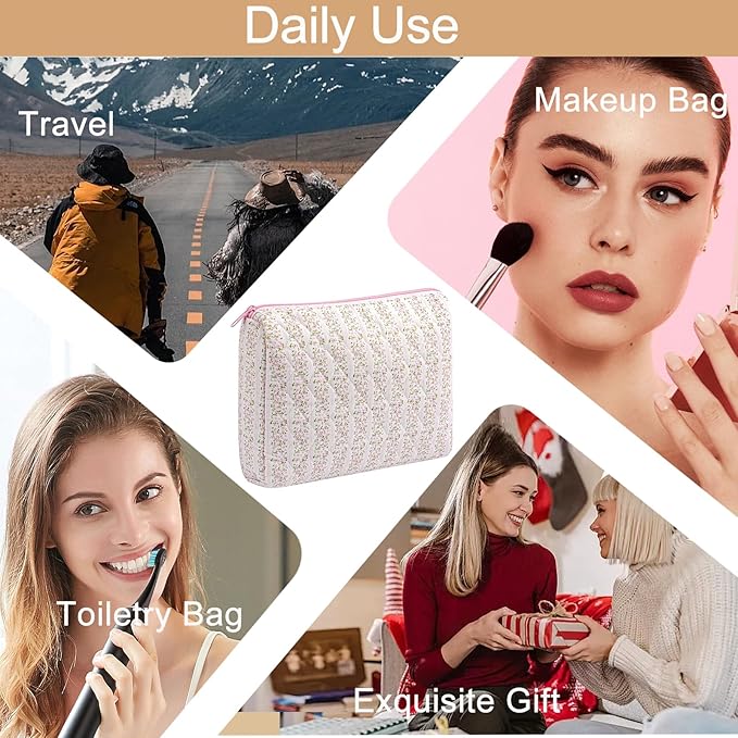 HHQQWZ Makeup Bag Travel Cosmetic Bag for Women Girls, Zipper Make Up Pouch, Floral Flowers Toiletry Organizer Makeup, Portable Storage Cosmetic Travel Cloth Bag (L/Pink Floral)