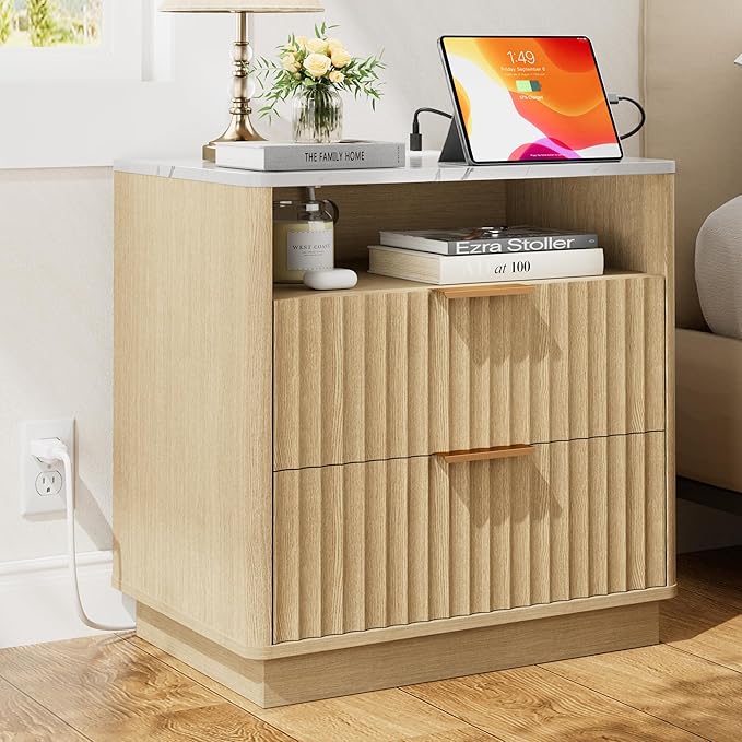 Large Fluted Nightstand with Charging Station, 23" Modern End Table with Faux Marble Top, 2 Drawers Night Stand with Storage, Side Table for Bedroom Living Room,Curved Profile(Natural Oak)