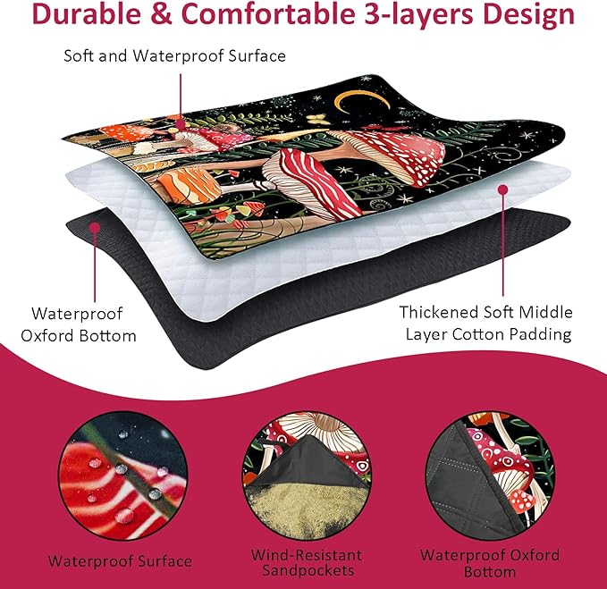 Mushroom Picnic Blankets Waterproof Foldable Picnic Outdoor Blanket 80"x 80" Picnic Mat 3-Layer Thicking Outdoor Foldable Blankets Sandproof Lightweight Beach Blankets with Strap Machine Washable