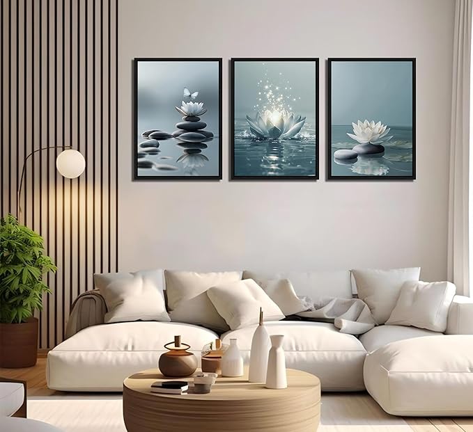 3Pcs Framed Zen Stones Lotus Spa Canvas Wall Art White Lotus Blooming on Stones Painting Picture Wall Decor Modern Spiritual Poster Print Artwork for Yoga Spa Meditation Spiritual Room Home Decoration