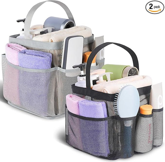 EUDELE 2 Pack Mesh Shower Caddy Portable for College Dorm Room Essentials, Shower Caddy Dorm with 8-Pocket Large Capacity,Shower Bag for Beach,Swimming,Gym All Black+All Grey