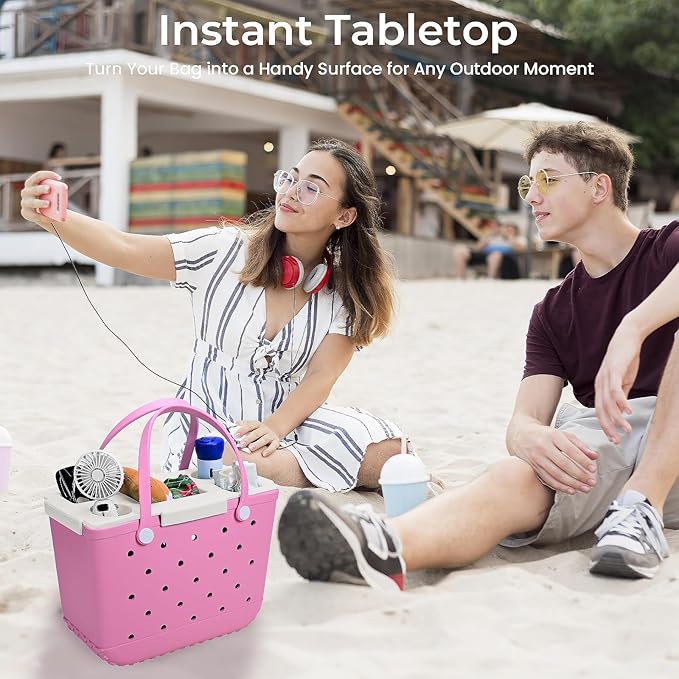 Tote Topper Tray Accessories for Bogg Bag Large Only – Waterproof EVA Table Top Organizer Lid with Cup Holder, Snack, Phone & Drink Holders for Beach, Pool, Picnic, Travel (White)