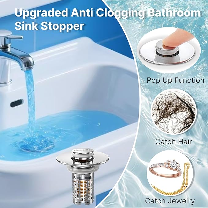 3-in-1 Bathroom Sink Drain Strainer, Stainless Steel Pop-up Strainer Basket Hair Catcher with Removable Basket, Brass Bullet Core, Universal Fit 1.1-2.36 Inch (Silver(New 1pcs))