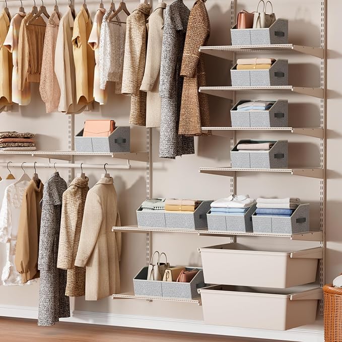 Storage Bins for Shelves - Large Trapezoid Closet Shelf Organizer, Fabric Organization Bins with Handles, Storage Baskets for Clothes, Towel, Purse, 6 Pack, Light Gray