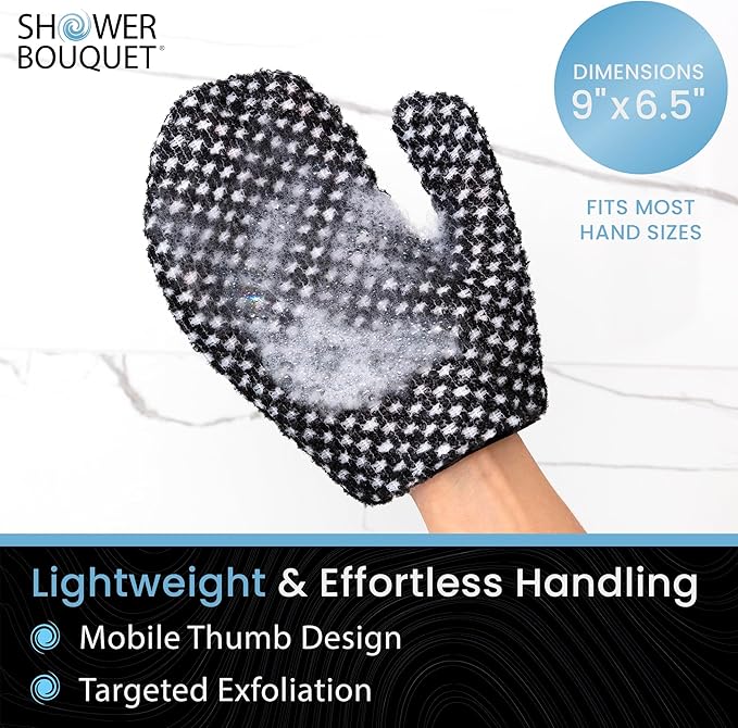 Japanese Exfoliating Mitt for Shower [1-Pack, White] - Charcoal & Silver Ion Exfoliating Glove - Gentle Exfoliation & Deep Cleansing Shower Mitt - Exfoliating Body Scrubber Glove, Soft Fabric Inside