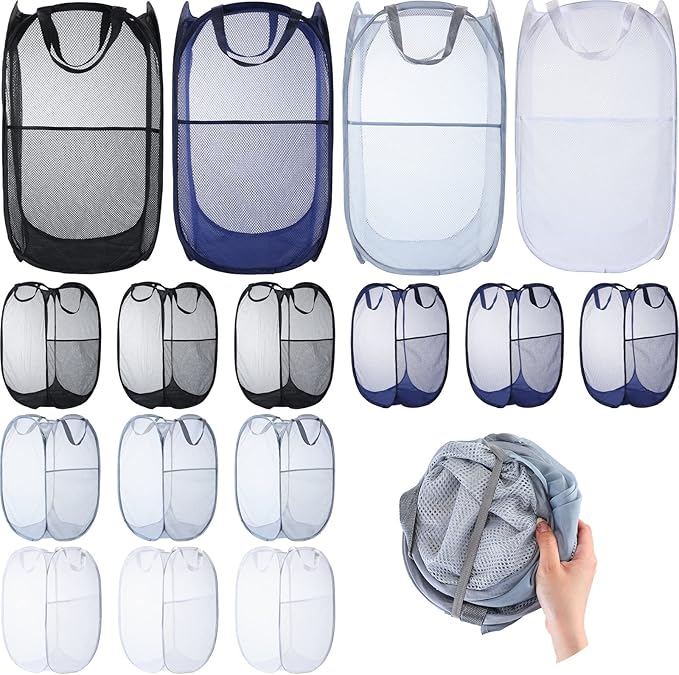 Gejoy 16 Pcs Mesh Pop up Laundry Hamper Bulk Collapsible Laundry Basket Large Foldable Clothes Hamper with Handles Ideal for Kids Adults, College Dorm, Travel, Hotel, 14. 1 x 22. 8 Inch
