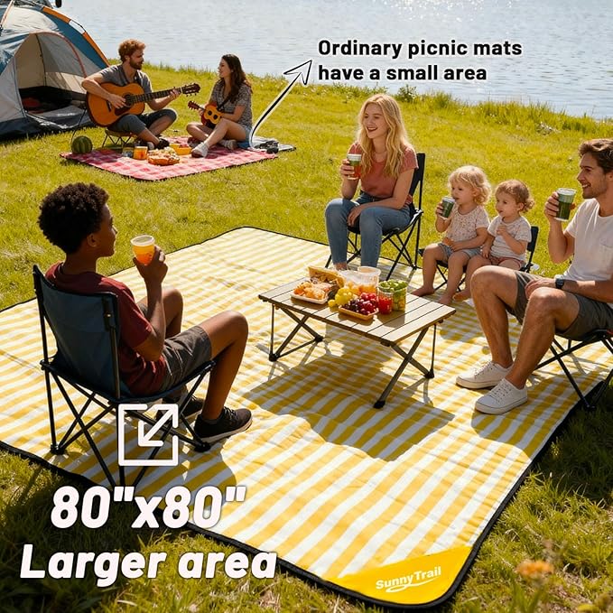 Extra Large Picnic Blanket 80"x80" – Waterproof Outdoor Mat for Beach, Park, Grass, Lawn, Camping, Sandproof & Foldable, Perfect Wedding Registry Gift, Portable Rug for Family Picnics