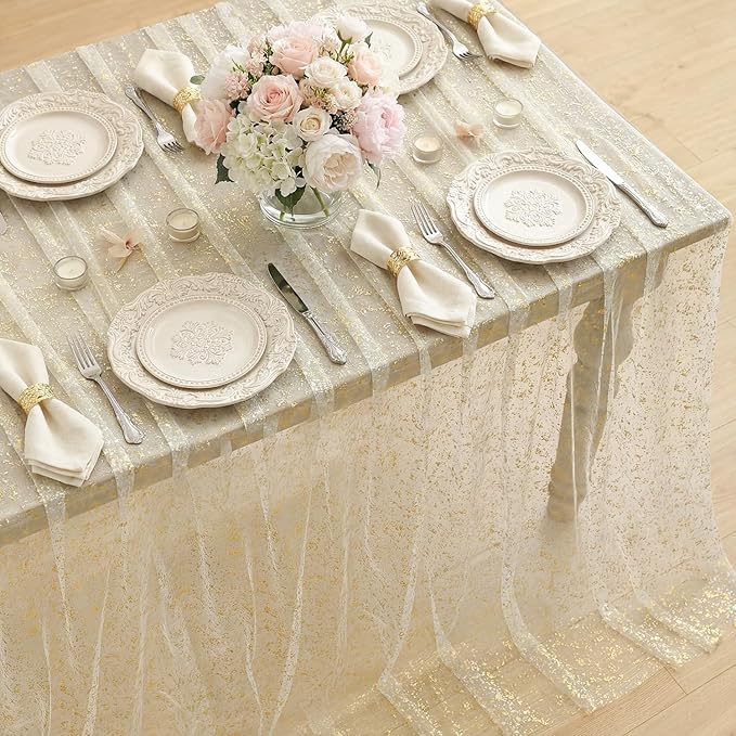 Horaldaily Apricot Gauze Tablecloth 52x70 Inch Rectangular, Golden Sequin Glitter Metallic Foil, Sheer Tulle Cheesecloth for Wedding Baby Shower Ceremony Birthday