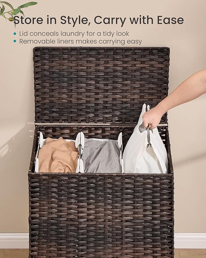 SONGMICS Laundry Hamper with Lid, 42 Gal. (160 L) PE Rattan Laundry Basket with Lid and Handles, Natural Material, Removable Machine Washable Liner, Chestnut Brown ULCB223ME01