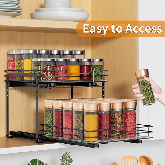 RCHYFEED Spice Organization for Cabinet, 2 Tier Pull out Spice Rack Organizer for Inside Cabinets & Pantry, Slide out Heavy Duty Spice Shelf Rack for Kitchen Seasoning (11.5" Wx10.5 Dx9.5 H)