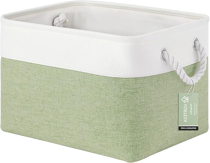 VQRTEXA Large Storage Baskets- 15x11x10 inch Storage Bins for Shelves and Closet Organizing, Foldable Fabric Bin for Home Organization Clothes and Laundry (1-Pack, White&Green)